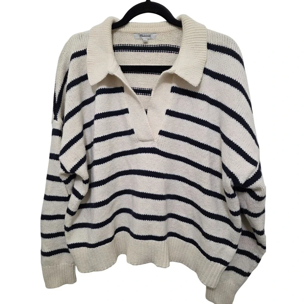 Madewell Women's Cotha‎ core Striped Knit Sweater Collar L Cotton/Acrylic Blend